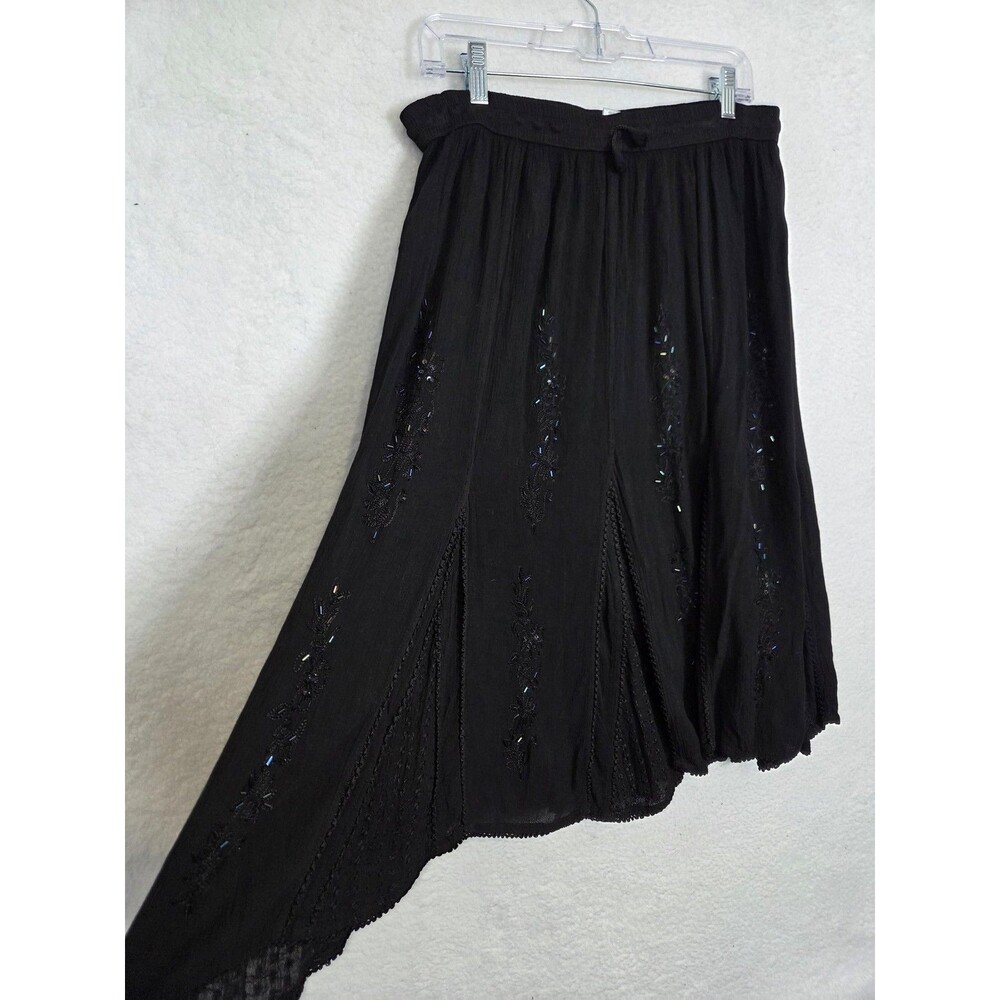 Dark Fairy Grunge Peasant Skirt M Black Embroidered Beaded Boho Flowy Gauzy - Picture 3 of 8